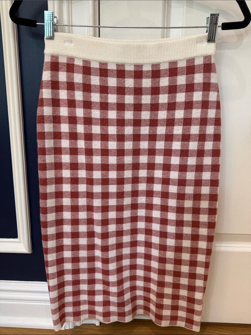 English Factory Cream and Rust Red Gingham Knit Pencil Skirt